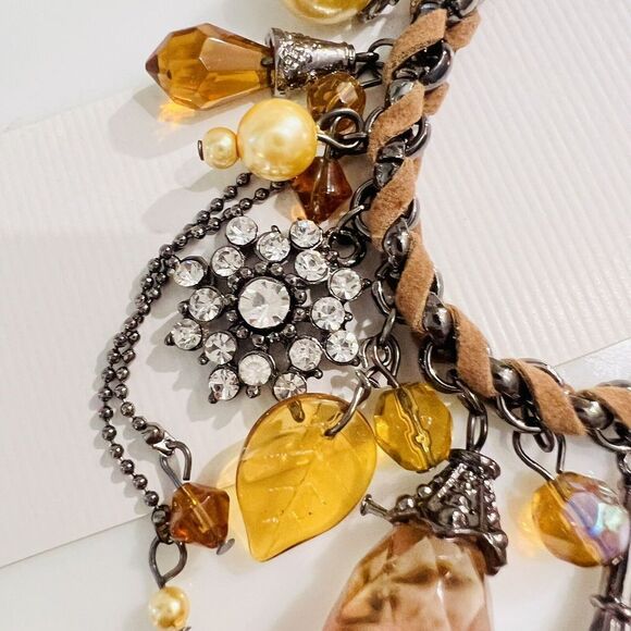 Art Glass Dangle Charm Bracelet Faux Pearl Leather Rhinestone Dangle Earth Tone - Picture 11 of 13